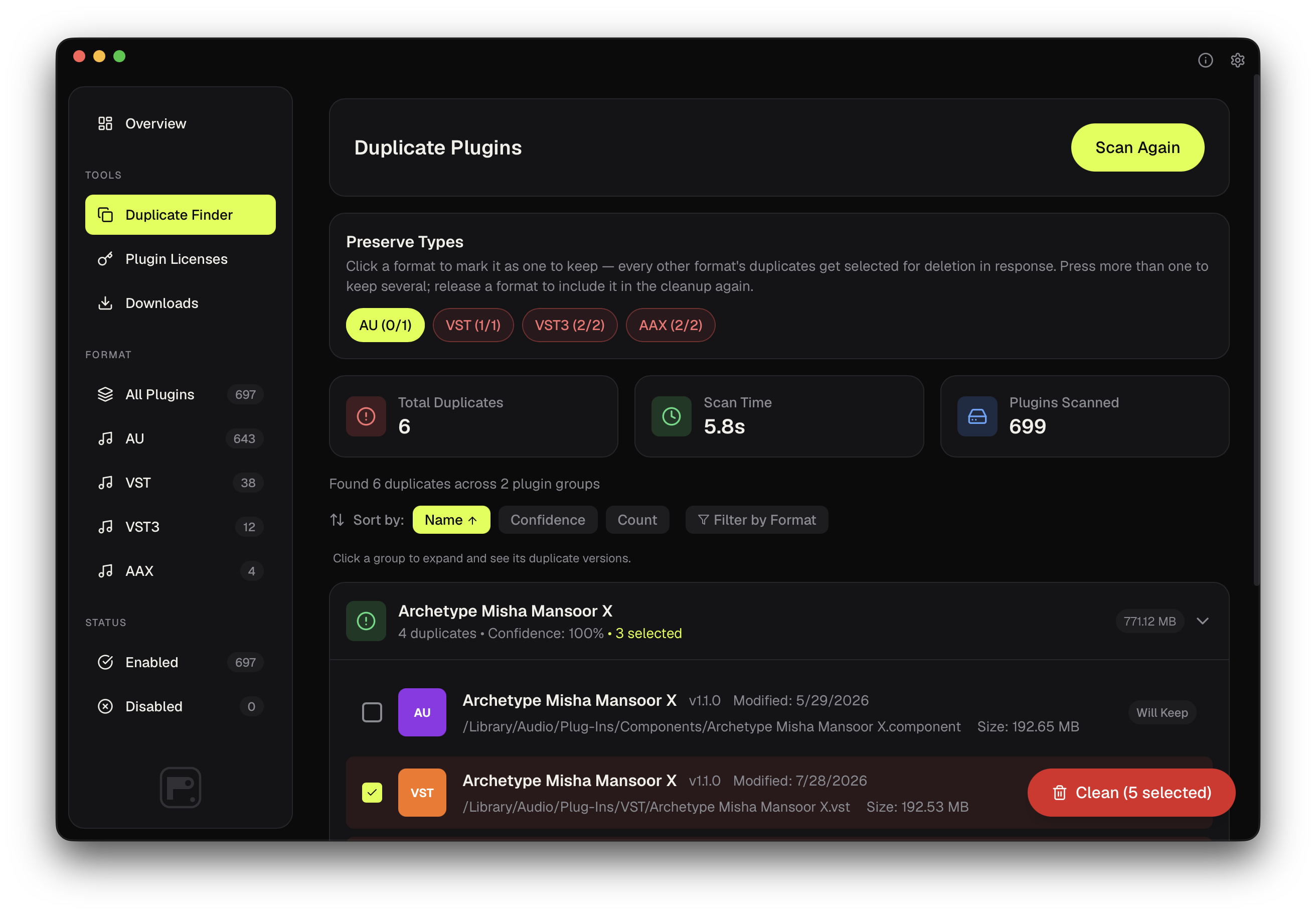 PlugPane duplicate plugin finder with opt-in Preserve Types selection