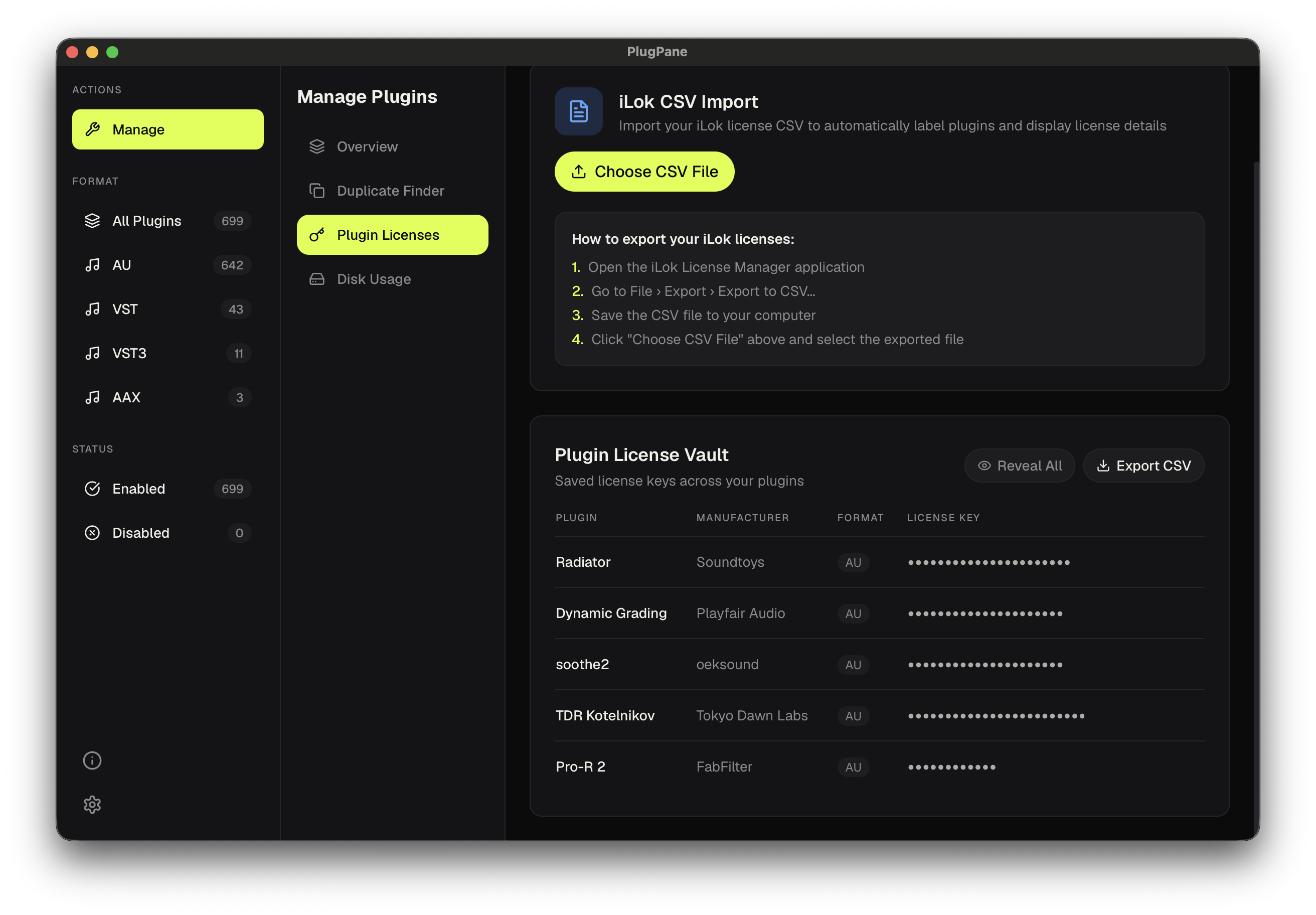 PlugPane Plugin License Vault showing all saved serial keys