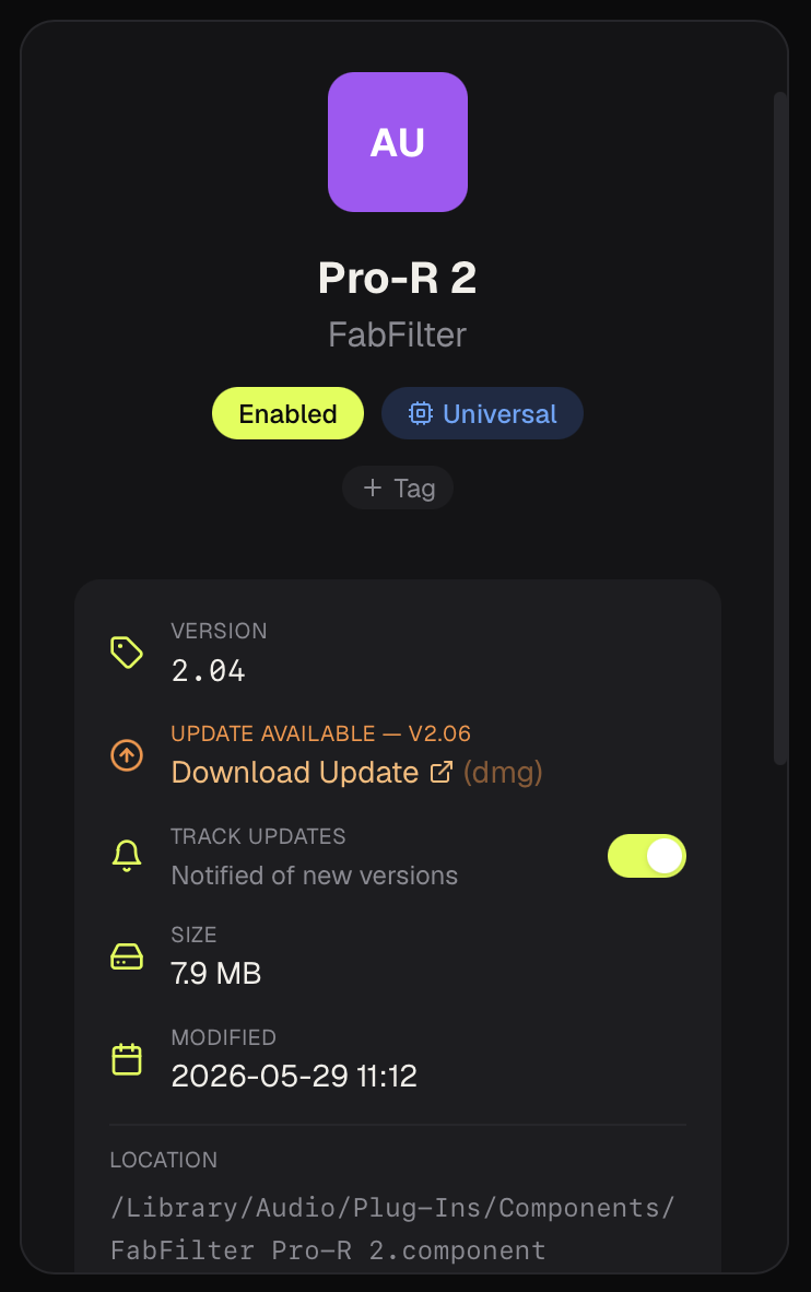 PlugPane plugin update tracker showing available updates with orange badges